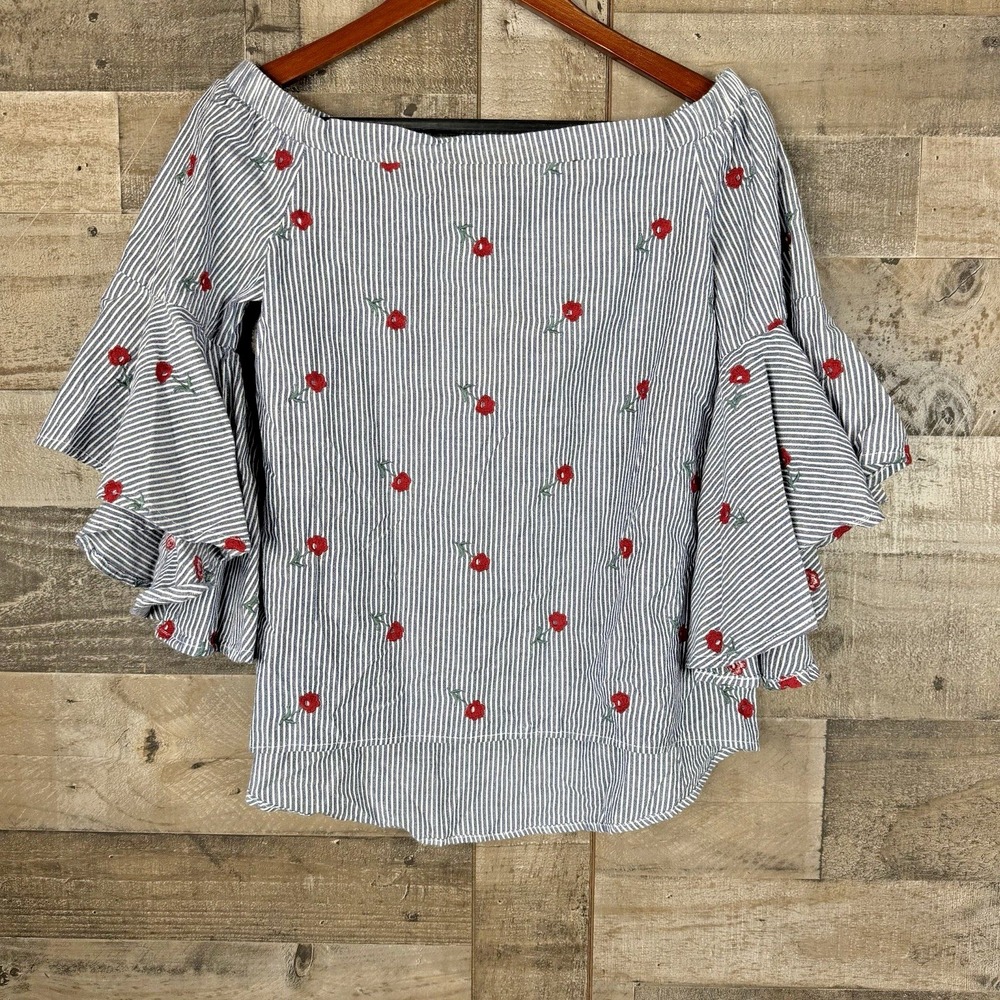Japna‎ Women's Size S Top Cold Shoulder Floral Bell Sleeves Striped Embroidered